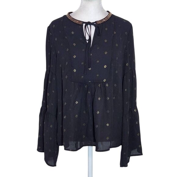 Altar'd State Black and Gold Full Sleeve Boho Blouse Size XS Black Sheer Blouse - Picture 1 of 11